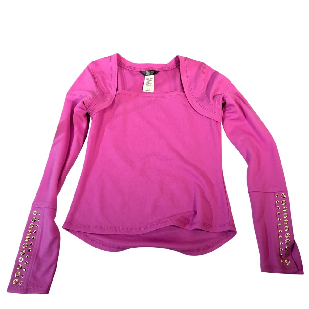 Truce Long Sleeve Top Kids Size L(14) Pink Grommet Cuff‎ Square Neck
